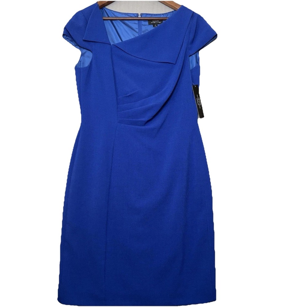 Tahari Sheath Dress Womens 10 Cobalt Blue Lined Asymmetrical Neck Wedding Guest